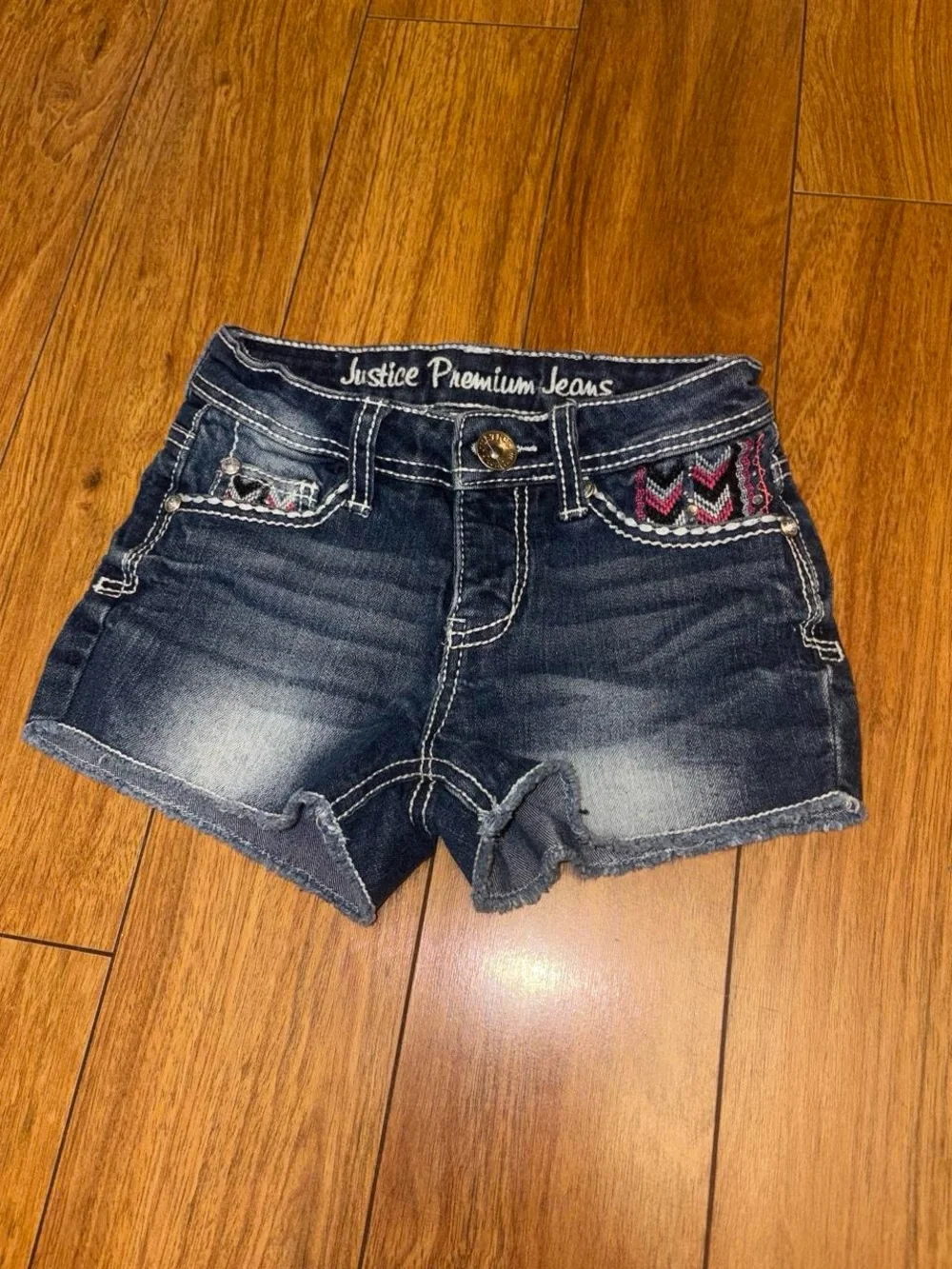 Y2K Justice navy blue denim shorts with pink and black chevron embroidery